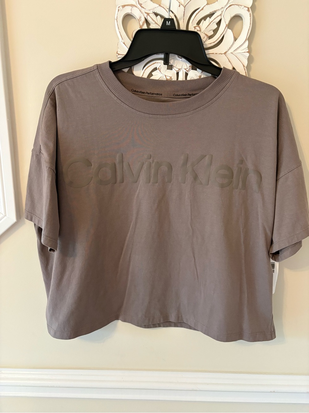 Calvin Klein Performance Cropped Logo Tee — Taupe Gray